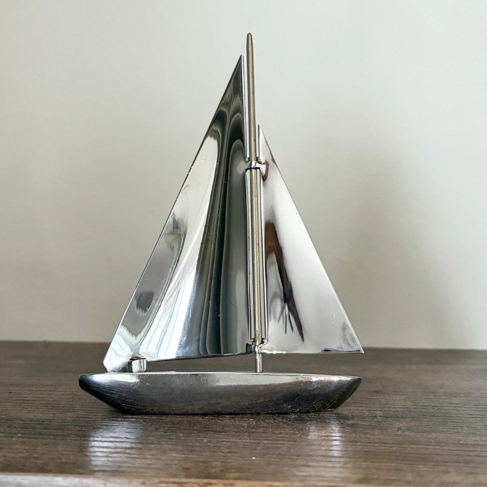 Vintage Metal Sailboat Chrome Silver Tone Nautical Desk Shelf Decor Sculpture